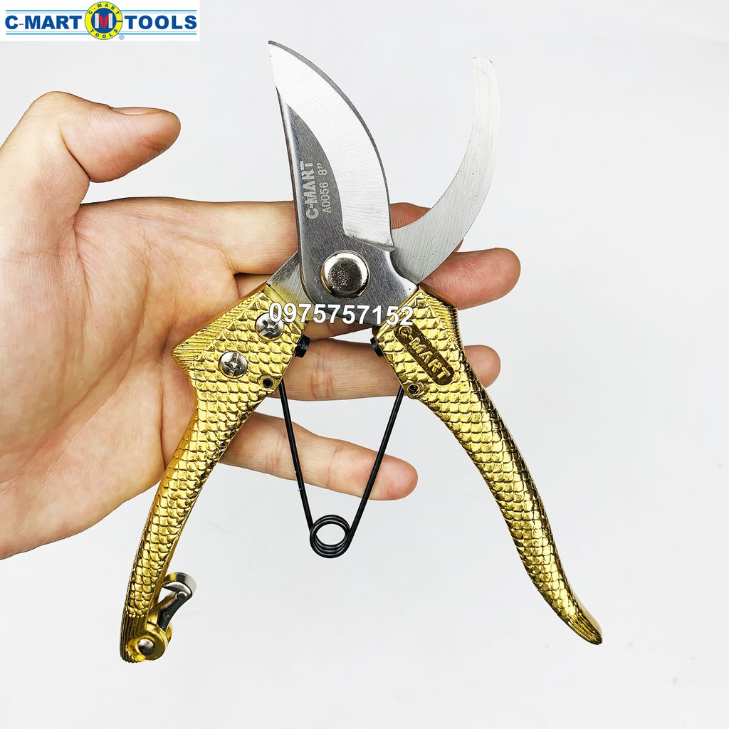 Bộ 2 kéo cắt cành lưỡi thép không gỉ C-Mart, cán hợp kim Carbon cứng vẩy rồng vàng