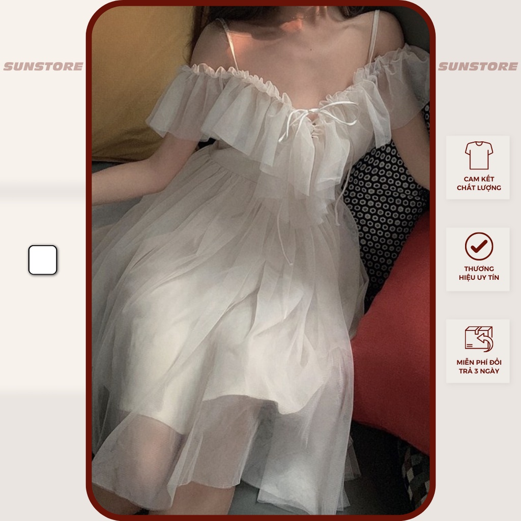 Đầm dự tiệc hai dây dáng ngắn mini váy xoè hai dây trễ vai màu trắng