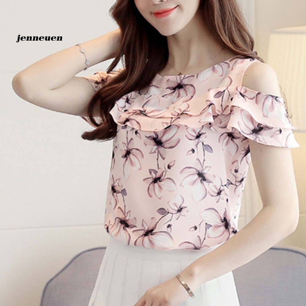 ⚘Phụ Kiện Chuyên Dụng Cho Máy May⚘Áo Chiffon Hở Vai Tay Ngắn In Họa Tiết Hoa Thời Trang Cho Nữ