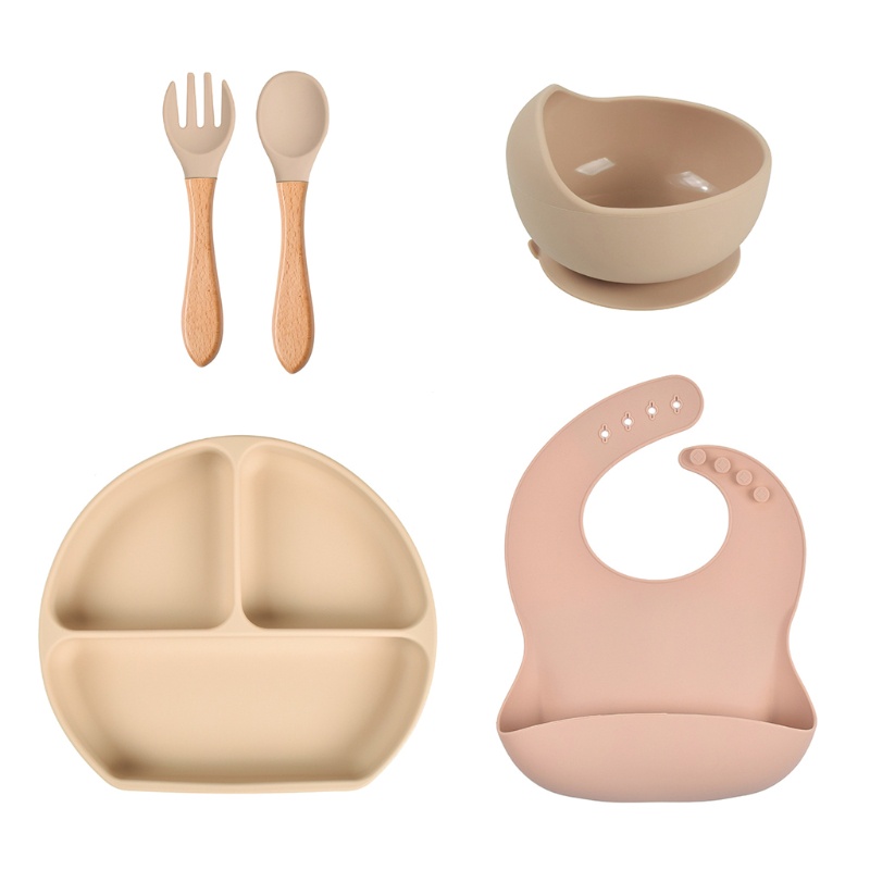 Set 5 Món Bát / Muỗng / Nĩa Tập Ăn Chia Ngăn Bằng Silicone Dành Cho Bé