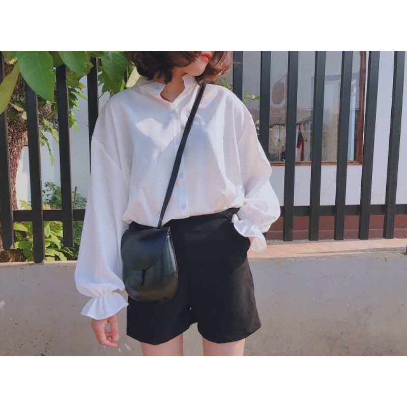 sẵn áo sơ mi cổ trụ tay bo màu trắng