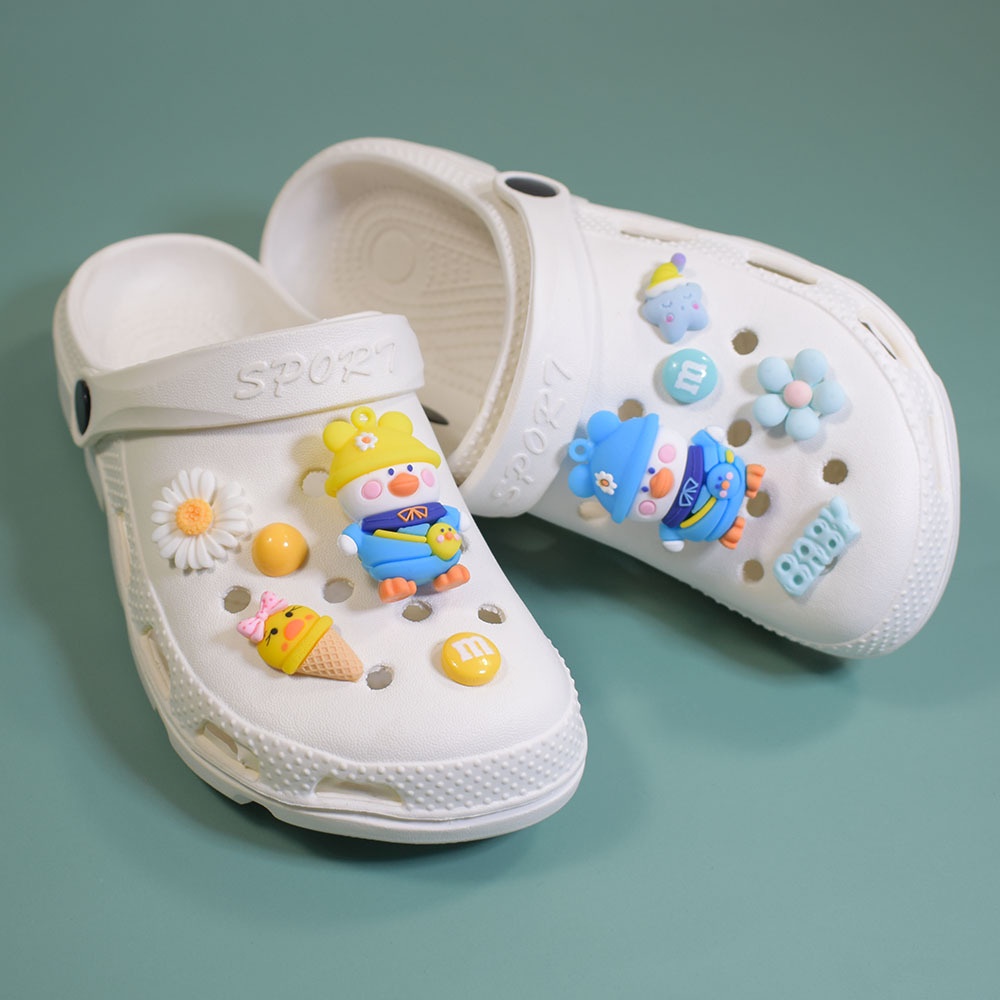 Set 10 Phụ Kiện Gắn Ba Lô / Giày Crocs / Túi Xách Hình Vịt Hoạt Hình Dễ Thương Cho Bé