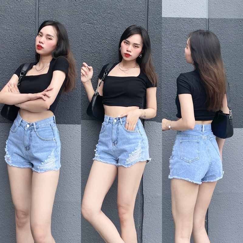 Quần Jeans Đùi Rách Lưng Cao Hack Dáng Nữ Màu Xanh,Đen Đủ Size