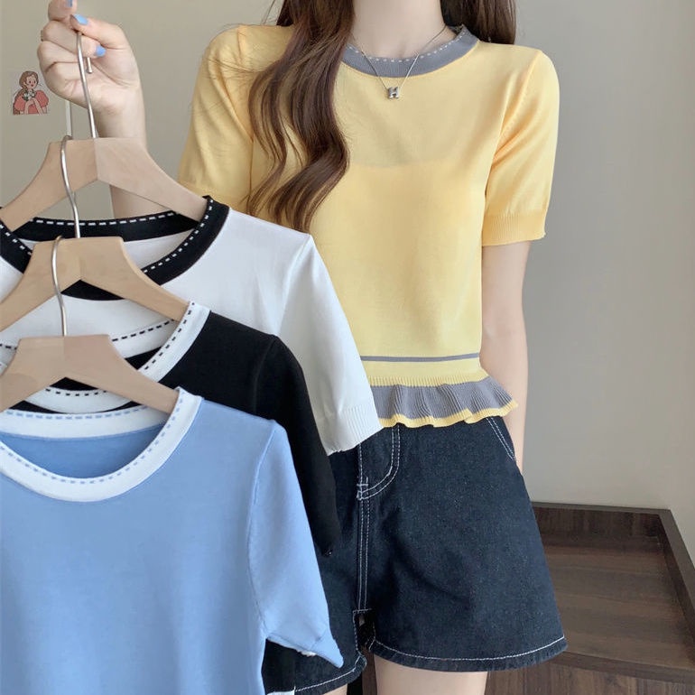 Áo Thun Dệt Kim Tay Ngắn Phong Cách Retro Thời Trang Mùa Hè Dành Cho Nữ