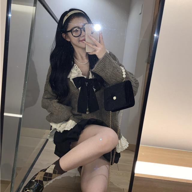 One Set Áo Khoác Cardigan + Chân Váy Lưng Cao Phong Cách Retro Cho Nữ