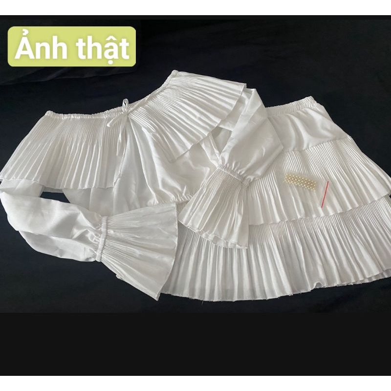 [FREESHIP] Set tiểu thư 2 món mặc được hai kiểu áo trễ vai bèo dập ly tay loe+chân váy dập ly tầng siêu xinh
