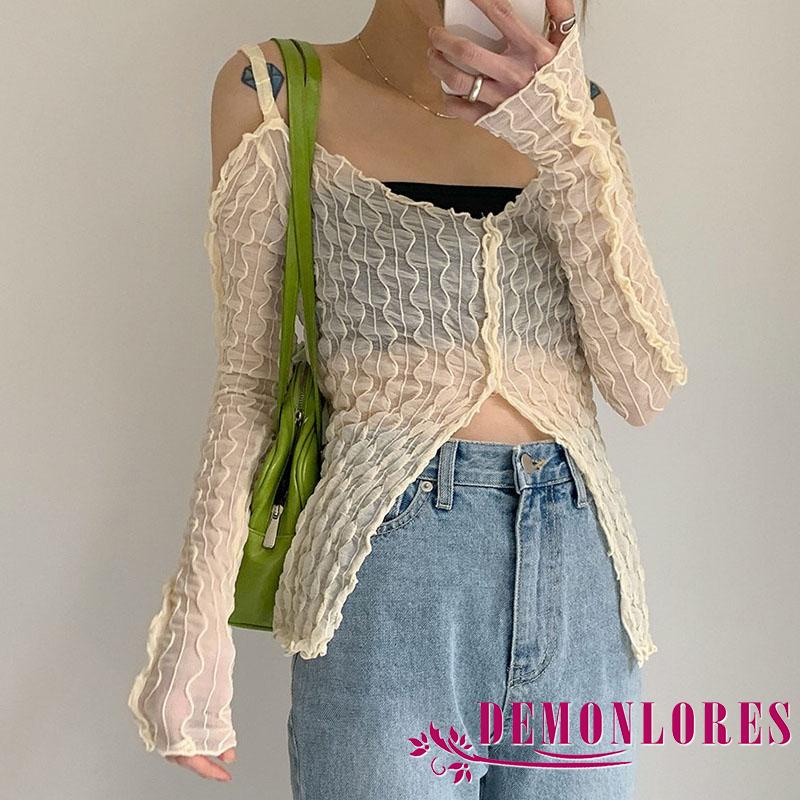 Áo thun tay dài màu trơn xẻ tà thời trang dành cho nữ