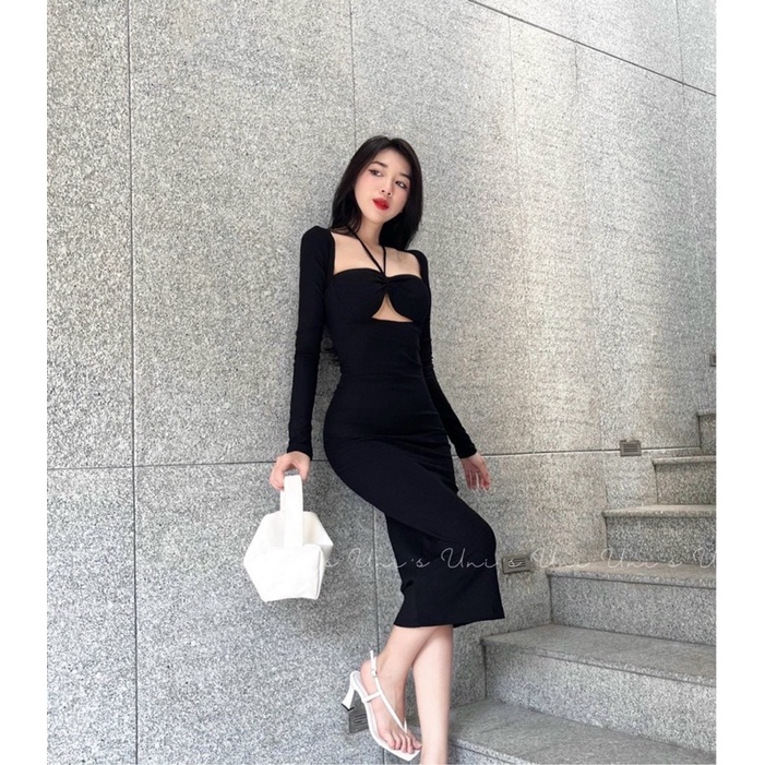 ĐẦM BODY ĐEN RÚT NGỰC TAY DÀI MIDI CỘT DÂY CỔ