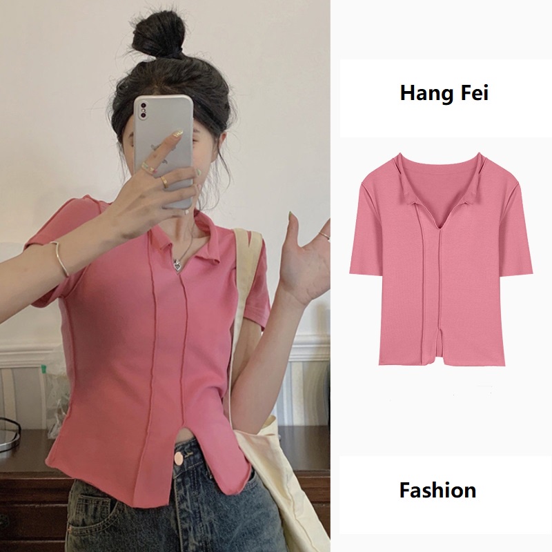 【ZHELIHANGFEI】 Áo Thun Dệt Kim Ngắn Tay Phong Cách Gợi Cảm