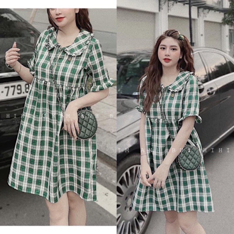 Đầm Babydoll Caro Thêu Dứa Gài Nút