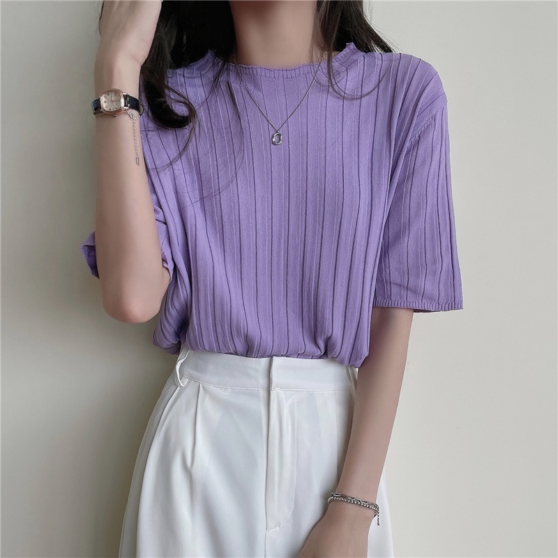 Xiaozhainv Áo Thun Dệt Kim Tay Ngắn Cổ Tròn Dáng Suông Dễ Phối Đồ Thời Trang Phong Cách Hàn Quốc Cho Nữ 8 Màu Sắc