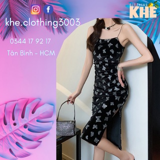 [Có sẵn - ảnh thật] - Đầm body 2 dây dáng dài, dáng ôm màu đen hình bướm quyến rũ, sexy-Váy body 2 dây dáng dài