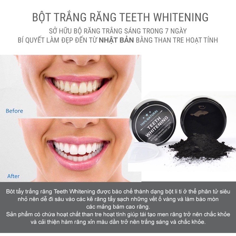 Tẩy trắng răng Than Hoạt Tính TEETH WHITENING Làm Trắng Răng An Toàn Tại Nhà Bằng Bột Than Tre