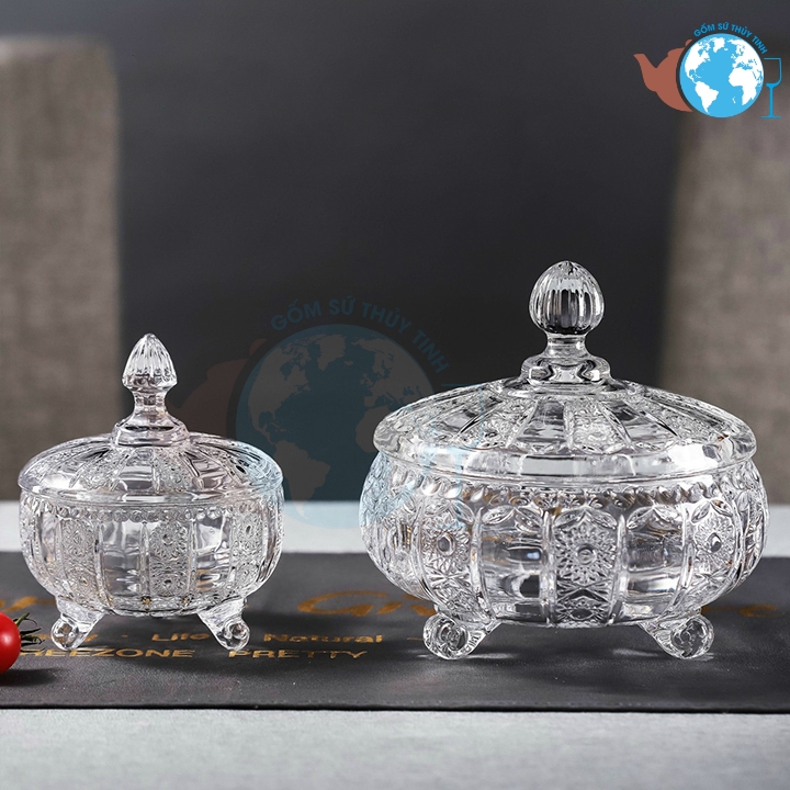 TẾT-Combo 2 thố mứt thủy tinh pha lê 3 chân cao cấp DSTG15-1804