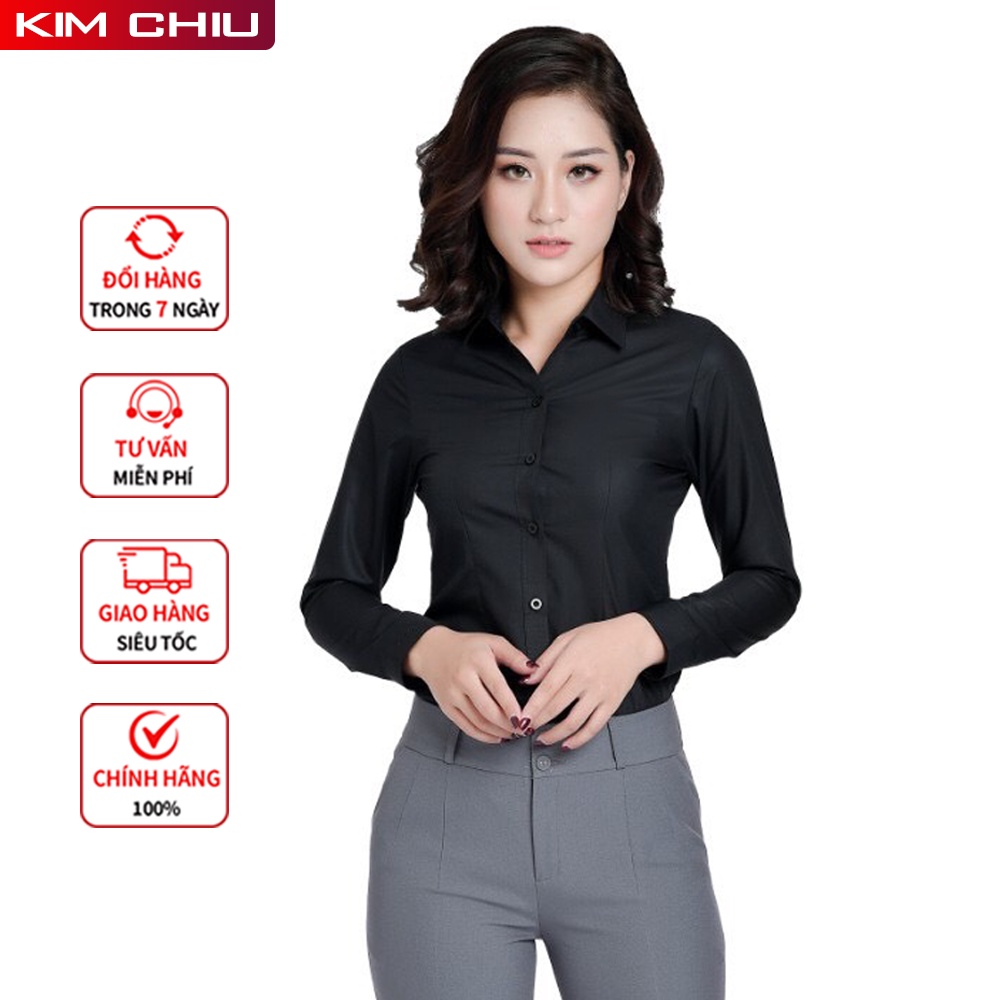 Áo Sơ Mi Nữ Công Sở Kim Chiu Cao Cấp, Form Mai An, Màu Đen Tay Dài Vải Kate Ý Đẹp Ít Nhăn Giãn Nhẹ. SMTD01