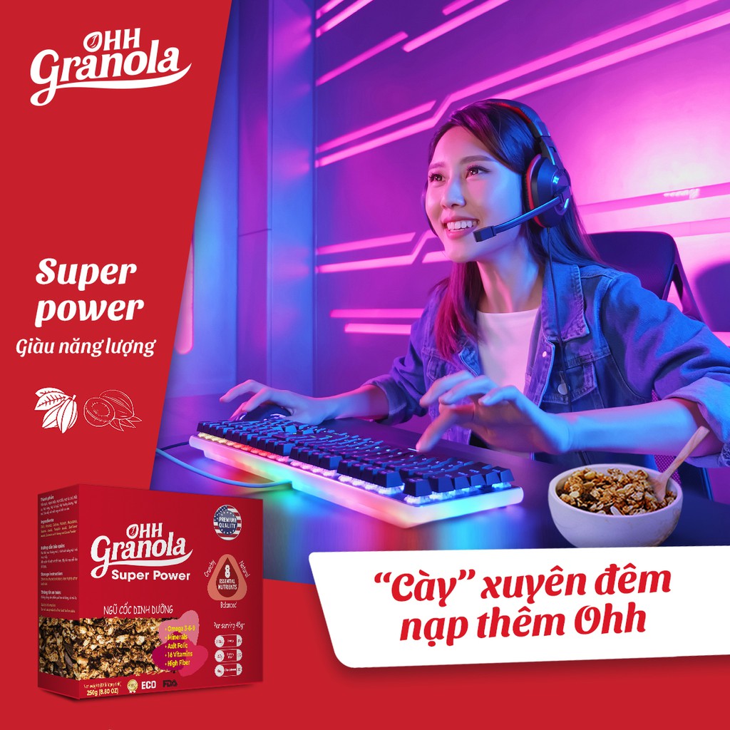 Ăn Vặt Giảm Cân - Ngũ Cốc Tập Gym Dòng Super Power (Ohh Granola) 250g, yến mạch, socola, hạt mắc ca, hạnh nhân tăng cơ