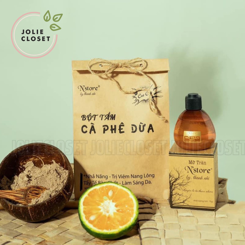 Bột cà phê dừa non, cám gạo Nstore tẩy da chết, giảm mụn lưng, làm sáng da 100gr, mỡ trăn nguyên chất triệt lông 75gr