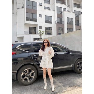 Áo váy sơ mi buộc eo chất đũi (Ảnh thật)