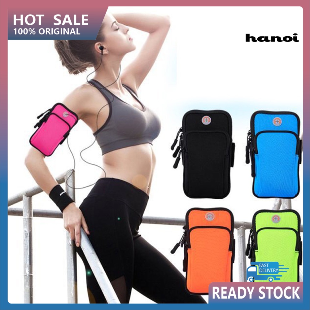 Túi đeo cánh tay chạy bộ bằng nylon màu trơn chống thấm nước có khóa kéo và lỗ cắm tai nghe cho nam và nữ