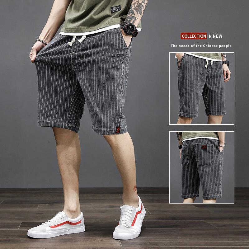 Quần đùi denim lưng thun dáng rộng họa tiết kẻ sọc thời trang mùa hè cho nam