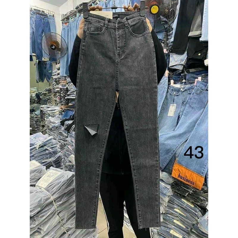 Jeans dài lưng cao co giãn rách 1bên L