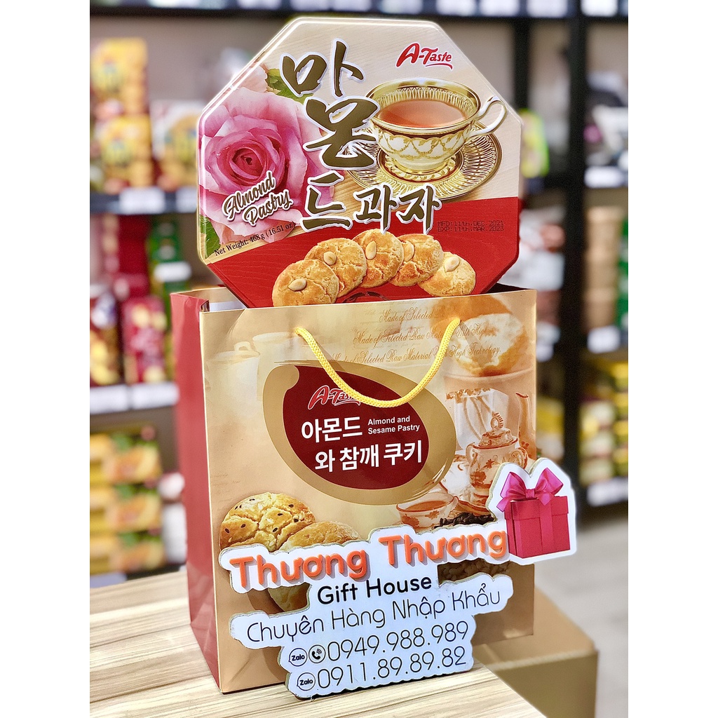 BÁNH HẠNH NHÂN HÀN QUỐC A-TASE HỘP THIẾC QUAI XÁCH- ALMOND AND SESAME PASTRY