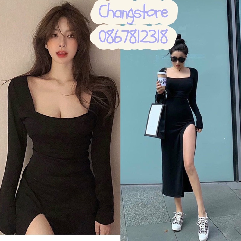 Đầm ôm body cổ U tay dài xẻ tà sexy quyến rũ form lên dáng chuẩn