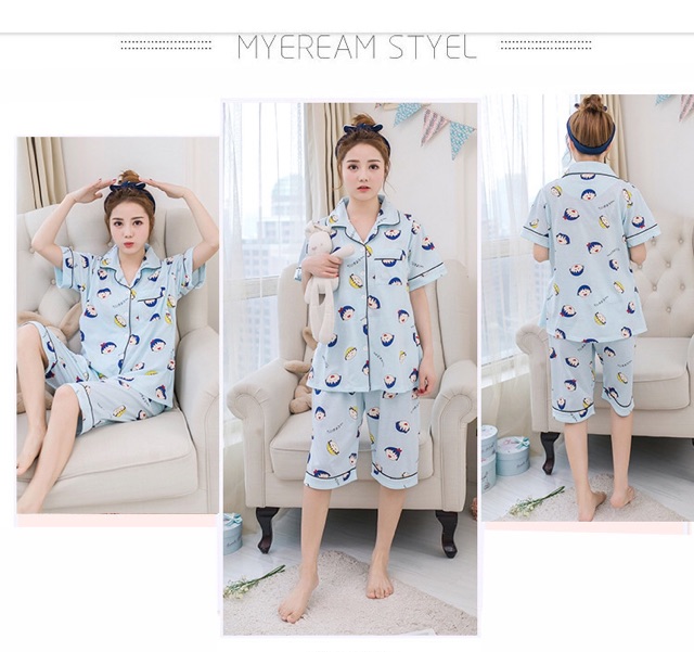 Bộ pijama lửng thun big size màu xanh in hình size lớn 80-100kg