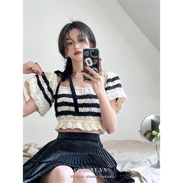 Cocory vn Áo Crop Top Cổ Vuông Tay Ngắn Họa Tiết Sọc Thời Trang Cho Nữ