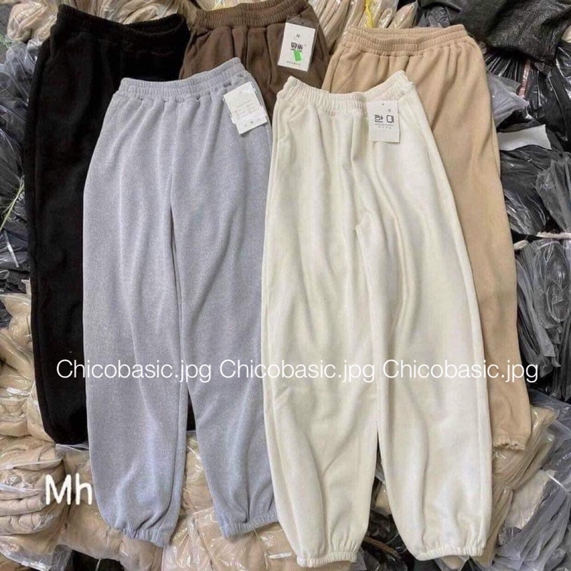 Quần nỉ jogger nữ ống rộng bo gấu nhung tăm mịn cá tính, Quần jogger nữ ống rộng bo gấu chất nỉ nhung tăm dày dặn