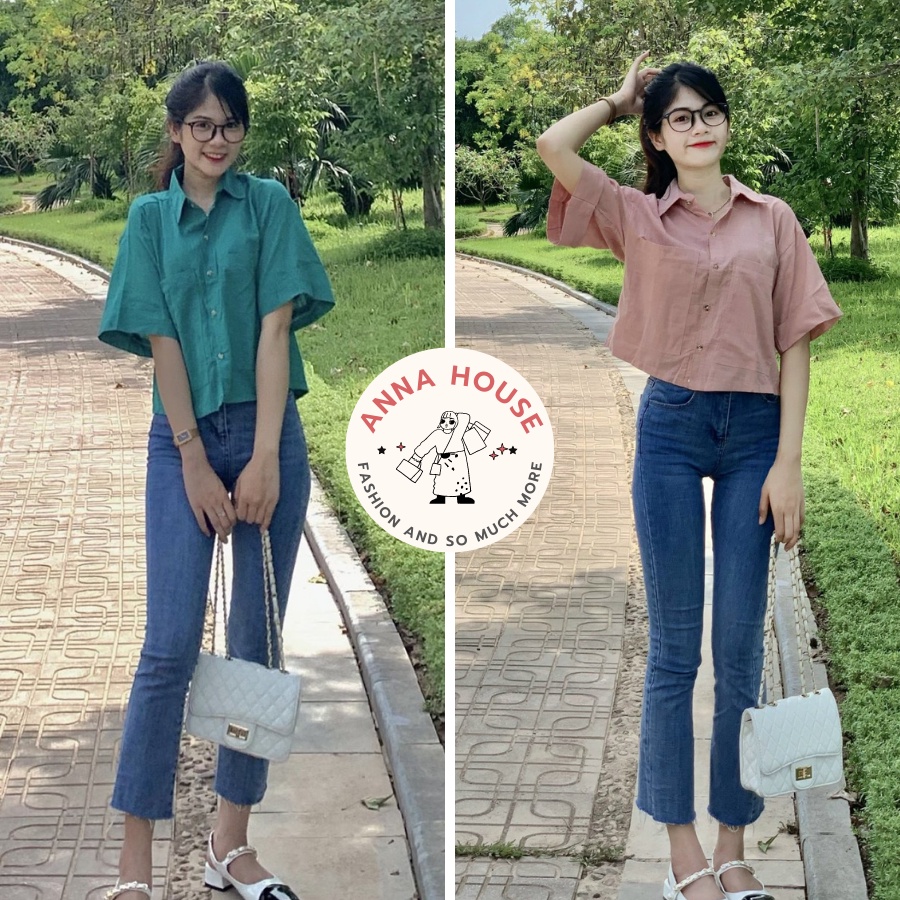 Áo sơ mi nữ cổ đức tay ngắn dáng croptop form rộng chất đũi xước 2 túi dài, áo sơ mi nữ cộc tay gập dáng ngắn croptop