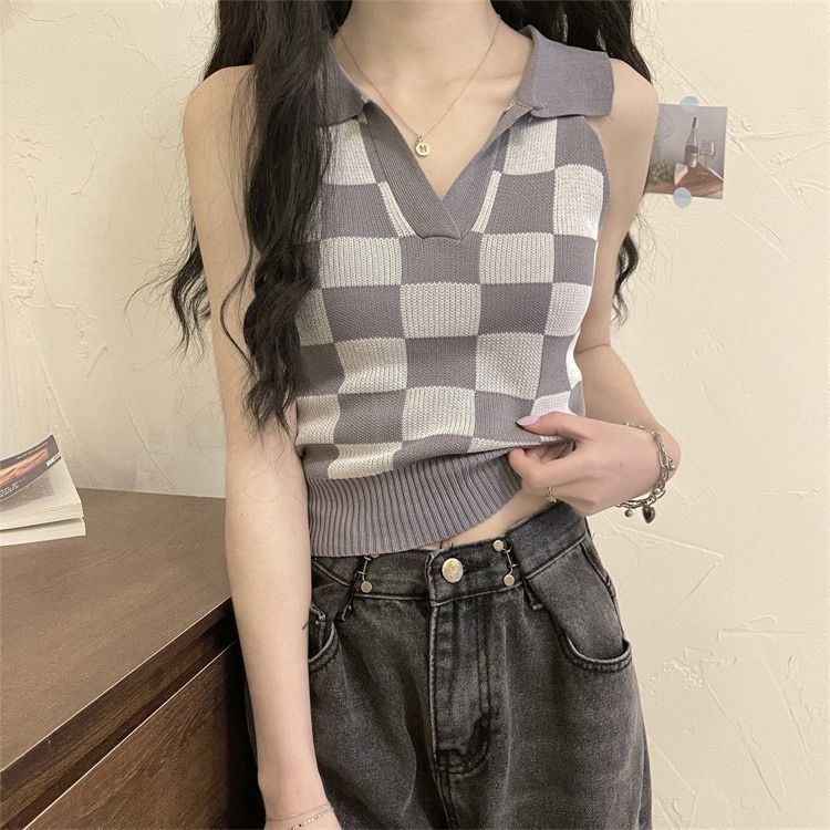 Áo Thun Polo Dệt Kim Kẻ Caro 185755 Áo Hai Dây Dáng Ôm Phong Cách Hàn Quốc Thời Trang Mùa Hè