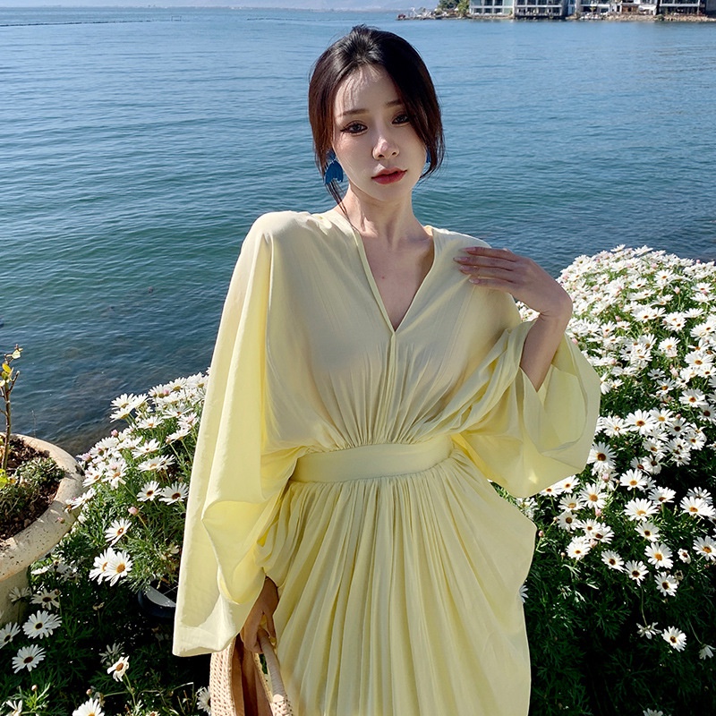 Đầm Dài Tay Màu Vàng Thời Trang Đơn Giản Cho Nữ