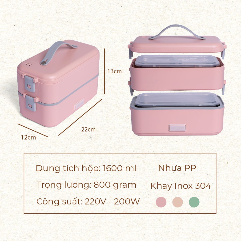 Hộp cơm cắm điện Lason Paris 1600ml, cà men hâm nóng, cặp lồng nấu cơm HC-CD03