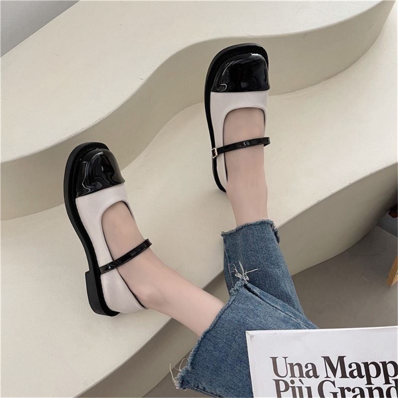 Giày bệt nữ da mềm hai màu, giày búp bê dây cài chất liệu mềm nhẹ thoải mái