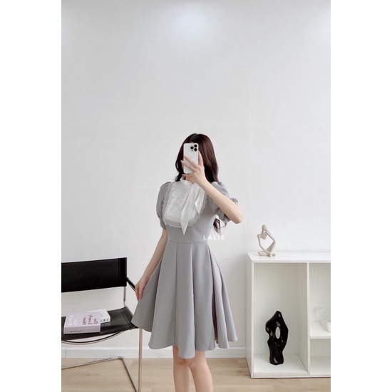 Váy tiểu thư tay bồng phối nơ cổ ren Lalie, váy đi tiệc, đi làm thanh lịch duyên dáng 2 màu