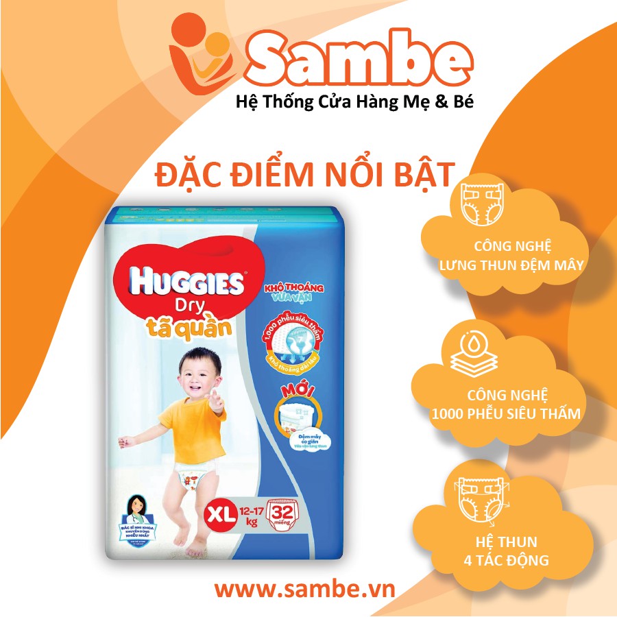 Tã Quần Huggies Size XL 32 Miếng/ 34 Miếng/ 62 Miếng - Hàng Chính Hãng