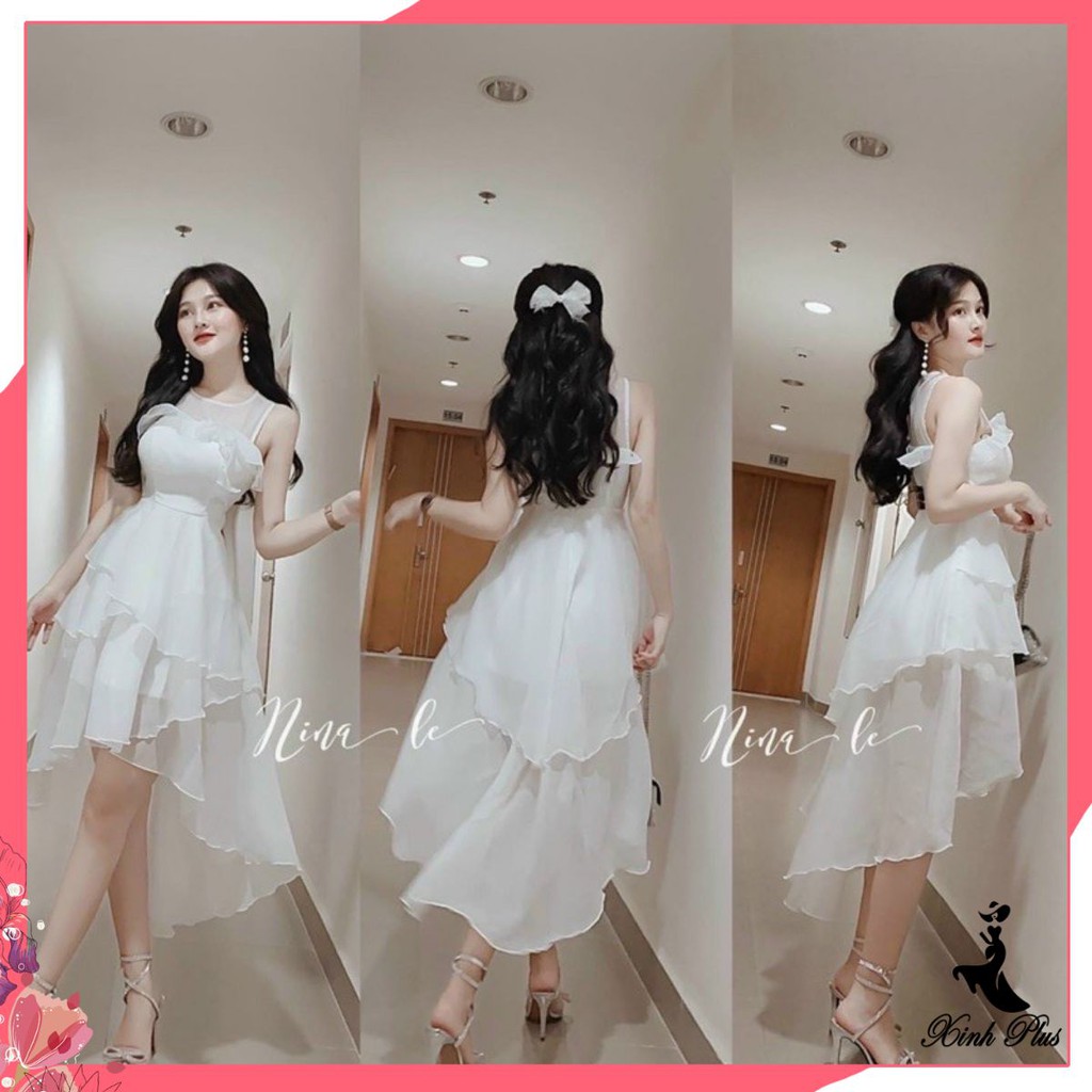 Đầm xoè trắng 3 tầng xéo đuôi kiêu kỳ
