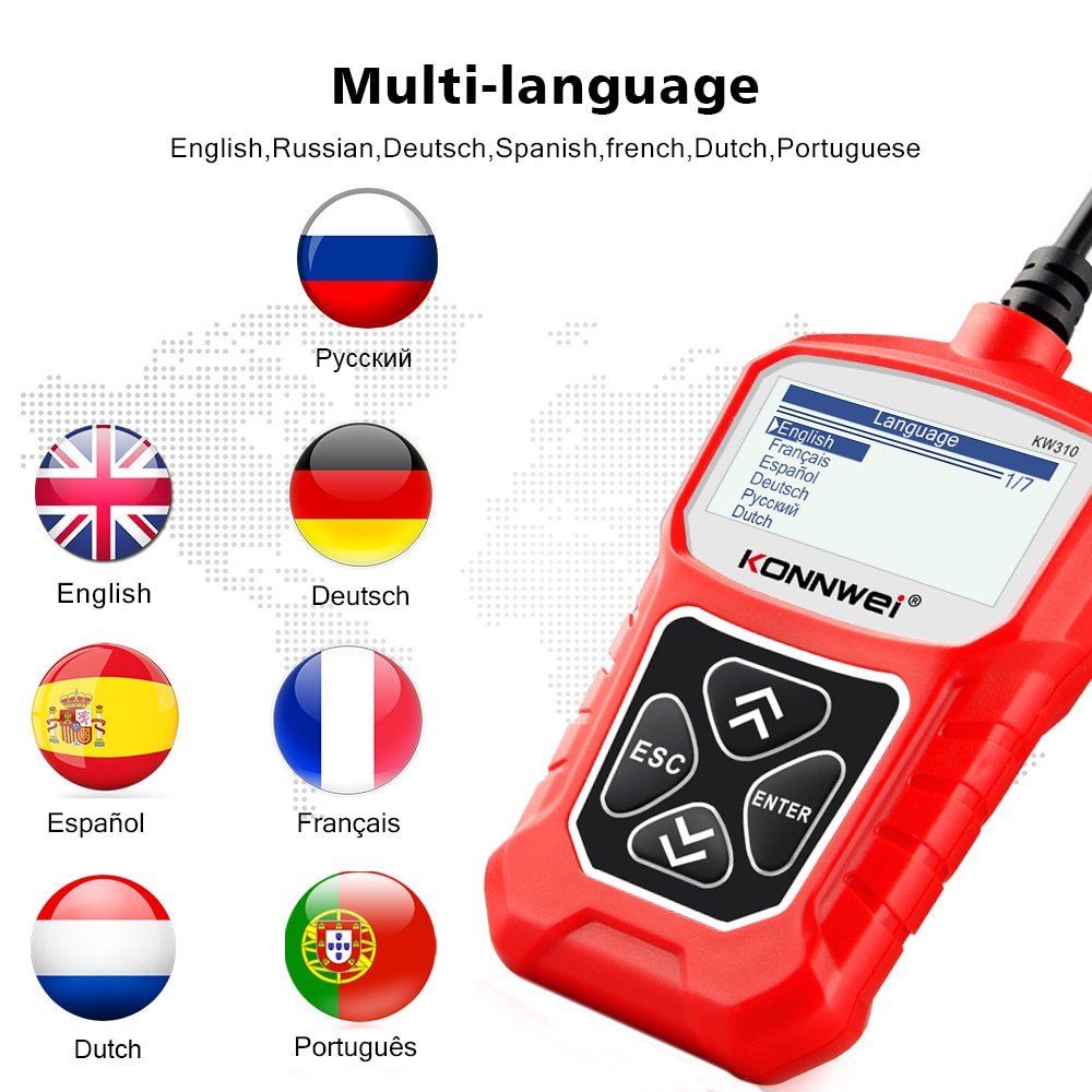 Konnwei kw310 obd2 Máy Quét Xe Hơi Khuếch Đại Ngôn Ngữ Nước Nga obd 2 Cho Ô Tô Ov2 Tốt Hơn elm327