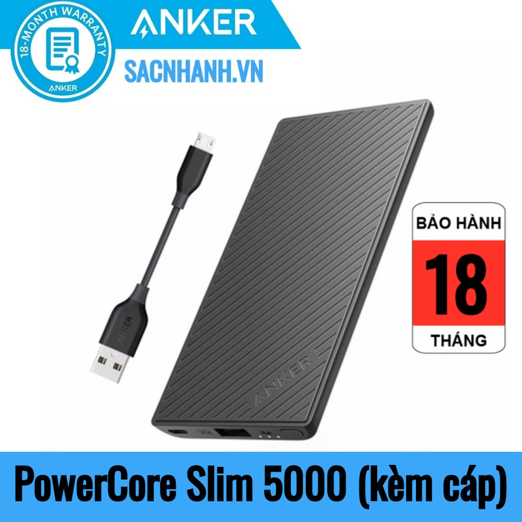 Pin Dự Phòng Anker PowerCore Slim 5000, kèm cáp 10cm