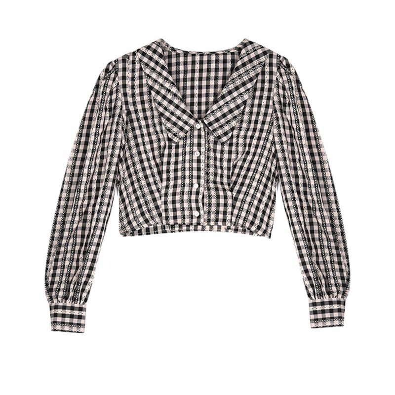 Áo sơ mi vạt ngắn tay dài cổ búp bê phối sọc caro phong cách cổ điển