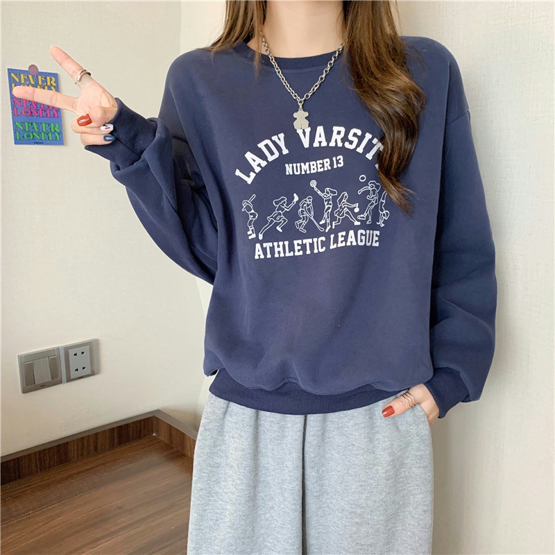 SUXI Áo Sweater Mỏng Cổ Tròn Tay Dài Dáng Rộng In Chữ Thời Trang Cho Nữ