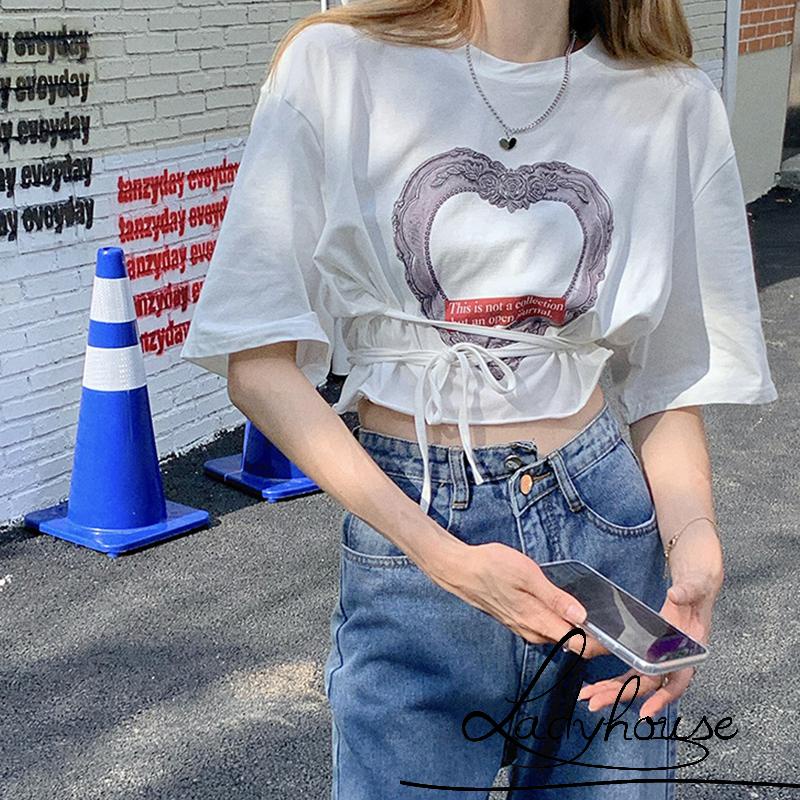 Áo Croptop Cổ Tròn Tay Ngắn In Họa Tiết Trái Tim Thời Trang Mùa Hè Cho Nữ