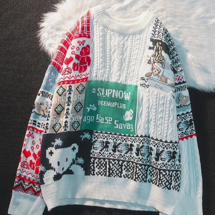 Áo Sweater Dệt Kim Dáng Rộng Thêu Hình Gấu Phong Cách Âu Mỹ Thời Trang Mùa Đông Cho Nam Và Nữ