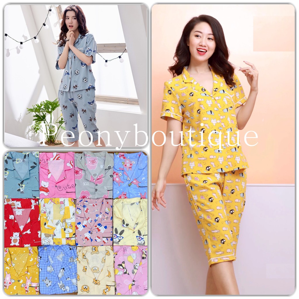 Set Pijama Lửng Kate Nữ [FREESHIP]🌸 Bộ ngủ áo sơ mi thun cộc tay quần ngố pizama hoạt hình mặc ở nhà SIÊU HOT 🌸