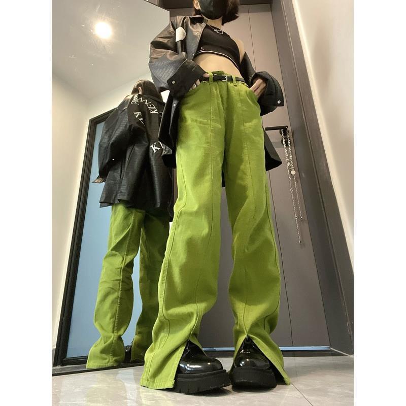 Quần Jean Ống Đứng Xẻ Tà Màu Xanh Bơ Phong Cách Retro Đường Phố Mỹ Thời Trang Mùa Hè Cho Nữ