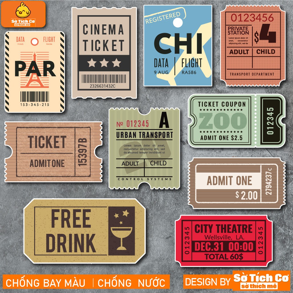 Vintage Ticket chống nước sticker dán laptop, điện thoại, đàn guitar, mũ bảo hiểm, vali. MSP: NS22