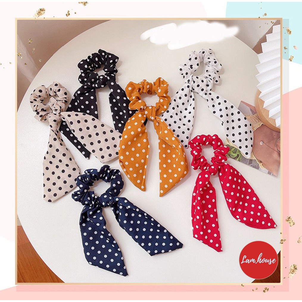 Scrunchies chấm bi phối nơ siêu xinh