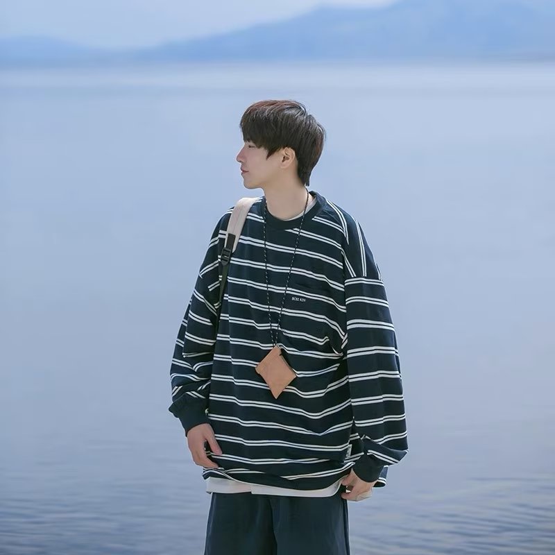 ✦AFFLIGA✦ Áo Thun Tay Dài Cổ Tròn Dáng Rộng Kẻ Sọc Màu Sắc Đơn Giản Thời Trang Mùa Thu Cho Nam