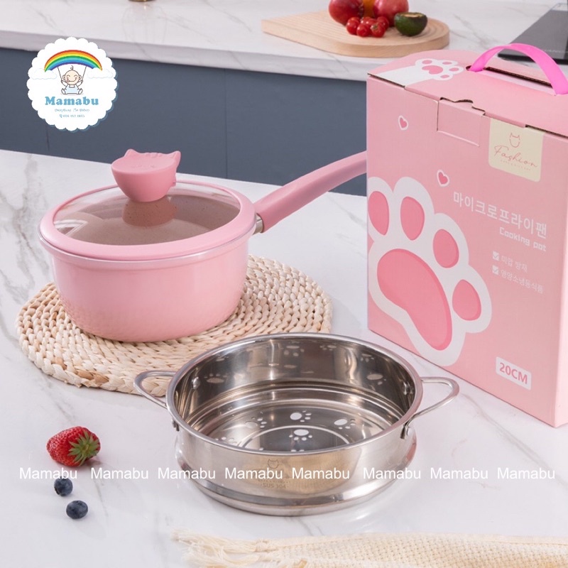 Bộ Nồi Kèm Xửng Hấp Cho Bé Ăn Dặm Hình Mèo Fashion Baby Cat Chống Dính Cao Cấp Dùng Được Mọi Loại Bếp Mamabu